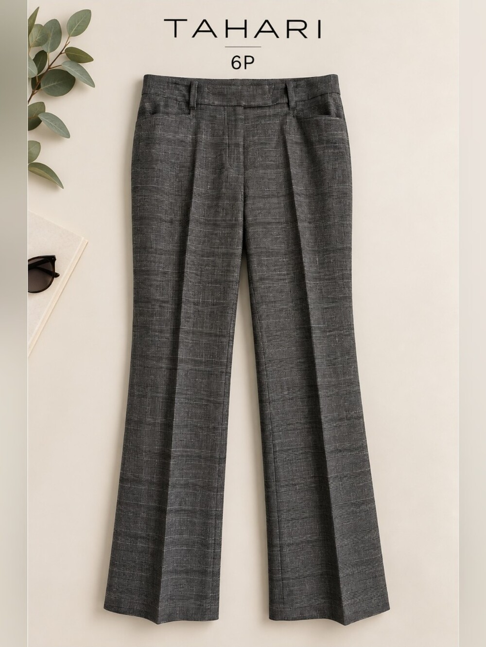 NWT Tahari Minimalist Black & Ivory Plaid Mid Rise Trousers, Size 6P Petite